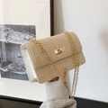 Beige straw woven chain bag with white leather side and gold twist lock clasp for summer - Large (Rectangular Lock) / Off White