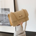 Beige straw woven flap bag with gold chain strap and metal turn-lock closure - Large (Rectangular Lock) / Khaki