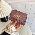 Pink rhinestone mini square bag with golden chain strap and metallic twist lock - Pink