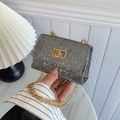 Elegant silver rhinestone mini square bag with gold chain strap for party style - Silver