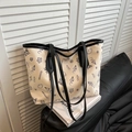 White canvas tote bag with black cartoon doodles and MIKAXIQI print on shoulder straps - Black Without Pendant