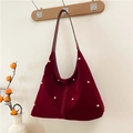 Burgundy velvet tote bag with gold rivets and leather shoulder strap for women - Red