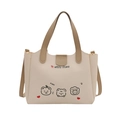 Minimalist beige large tote bag with cute cartoon animal prints and dual handles - Khaki
