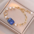 Lapis-Lazuli und Süßwasserperlen Armband mit goldener Büroklammerkette für Damen - Barockperle Lapislazuli Stil (TS0360)