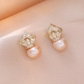 Elegant gold crown earrings with pink freshwater pearls and zircon stones on silk - Crown Freshwater Pearl Earrings