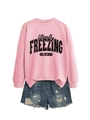 Detail of pink sweatshirt with literally FREEZING ME 24:7 print and frayed denim shorts - S / Tops / Pink