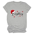 Close-up of festive Christmas hat and red snowflake prints on grey cotton T-shirt - S / Tops / Light Gray