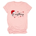Detail of pink cotton T-shirt with Everything text and festive Christmas hat print - S / Tops / Pink
