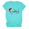 Detail of Christmas themed Everything print and red snowflakes on a turquoise t-shirt - S / Tops / Blue