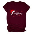 Detail of wine red Christmas T-shirt featuring Everything script and holiday hat print - S / Tops / Red
