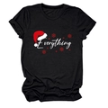 Detail of cotton Christmas T-shirt featuring 'Everything' text with festive red snow flakes - S / Tops / Black