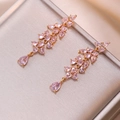 Elegant gold leaf tassel earrings with pink pear-cut zircon stones for evening wear - Pink Tassel Style (E0862)