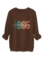Detailed view of the 1985 vintage print on a dark brown crewneck sweatshirt ribbed cuffs - Coffee