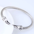 Vintage eagle head open bangle with twisted cable texture in antique silver finish - Antique Silver Eagle Head Cable Bracelet