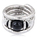 Multilayer silver snake chain ring with large round black bead and carved metal spacers - Single Piece / Black