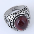 Anello retrò argento con incisioni floreali e una grande pietra rossa tonda centrale - Stile Cabochon Rosso Floreale Vintage (018040710)