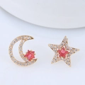 Gold star and moon asymmetric earrings with white zircon pavé and pink stars - Asymmetric Star Moon / Gold Pink (018072806)