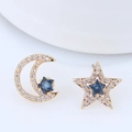 Asymmetric gold moon and star stud earrings with zircon and deep blue star stones - Asymmetric Star Moon / Gold Deep Blue (018072807)