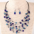 Bohemian multi-layer necklace and earring set with deep blue crystal beads and dark metallic accents - Dark Blue