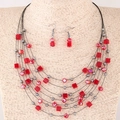 Bohemian multi-layer crystal necklace and earring set in vibrant red for women - Red
