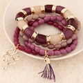 Multilayer beaded bracelet set with four-leaf clover charm and purple tassel accent - Purple (110102267)