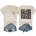 Detailed front and back view of beige cotton T-shirt with 'Mom' heart and coffee slogan print - Sand (Black Font)