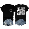 Detail of Mom's black t-shirt with funny coffee quote and ripped denim shorts outfit - Black (White Font)