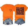 Detail view of orange t-shirt with slogan and denim shorts casual summer outfit set - Orange (Black Font)