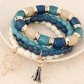 Multilayer beaded bracelet set with blue and beige beads and four-leaf clover charms - Blue (110102269)
