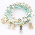 Detail of multi-layer beaded bracelet featuring cat eye beads and rose charm - Blue