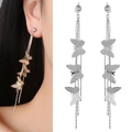 Pendientes largos de mariposa con borlas, acabado plateado y cristales brillantes - Estilo Plateado (018121004)