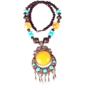 Bohemian ethnic beaded necklace with blue turquoise and antique bronze pendant with tassels - Crown