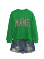 Detail of green MAMA sweatshirt with camouflage print and distressed denim shorts - S / Grass Green