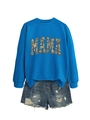 Detail of blue sweatshirt with camo pattern MAMA print and ripped denim shorts - S / Lake Blue