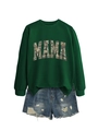Detail of dark green sweatshirt featuring MAMA camouflage print and denim shorts - S / Dark Green