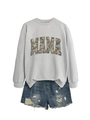 Detail of grey MAMA sweatshirt with camouflage lettering and distressed denim shorts - S / Gray