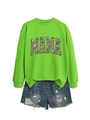 Flat lay of neon green MAMA sweatshirt with camo print and frayed denim shorts - S / Fluorescent Green
