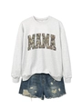 Flat lay of gray sweatshirt featuring camouflage MAMA print and distressed denim shorts - S / Off-White