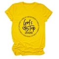 Detail of yellow cotton t-shirt with Girl's Trip 2026 print and rolled cuff sleeves - Yellow (Black Font)
