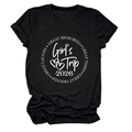 Close-up of Girl's Trip 2026 white printed graphic on a casual black cotton T-shirt - Black (White Font)