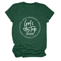 Detail of dark green cotton T-shirt featuring a white circular Girl's Trip 2026 graphic print - Retro Green (White Font)