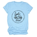 Detail of light blue cotton T-shirt featuring Girl's Trip 2026 graphic and slogans - Light Blue (Black Font)