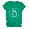 Close-up of green cotton T-shirt with white Girl's Trip 2026 commemorative graphic - Dark Green (White Font)
