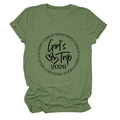 Detail of Girl's Trip 2026 lettering and rolled sleeves on green crew neck t-shirt - Olive Green (Black Font)