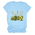 T-shirt bleu clair à col rond avec motif artistique de pots de fleurs et cornichons - S / Rose bonbon