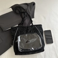 Black tote bag with pleated texture and transparent PVC pocket for everyday commute - Black