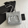 Gray tote bag with vintage texture and transparent PVC front pocket for daily commute - Silver
