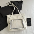Chic beige faux leather tote bag with transparent front pocket and textured finish - White