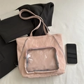 Light pink tote bag with transparent PVC pocket and pleated texture for students - Pink