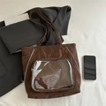Dark brown pleated tote bag with transparent window pocket and stylish long handles - Brown